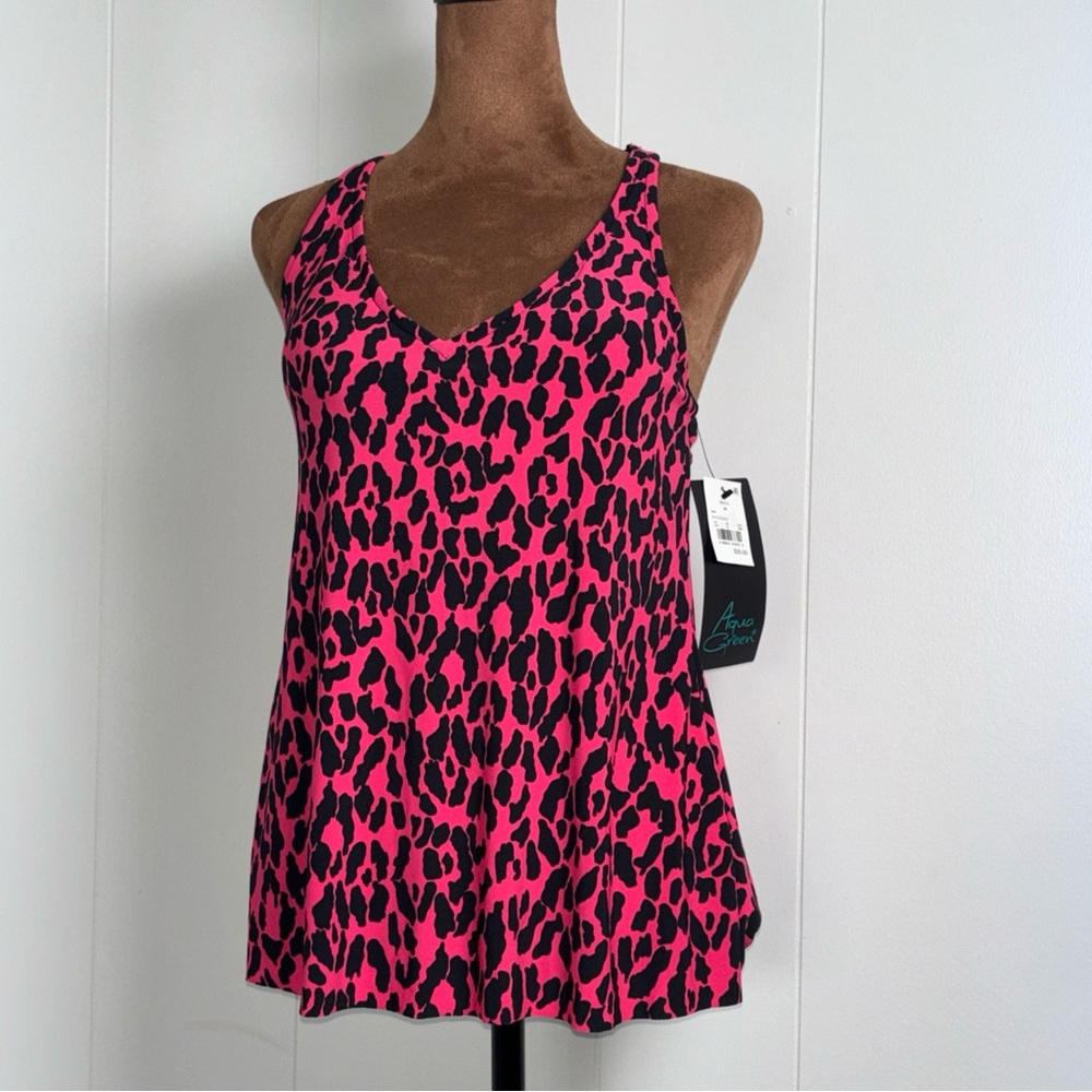 Aqua Green Womens S 4 - 6  Bathing Swim Suit Top Hot pink Leopard V Neck New